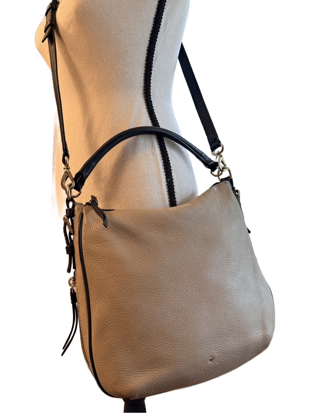 Kate Spade New York Pebbled Leather Hobo Crossbody Bag - Warm Beige/Black